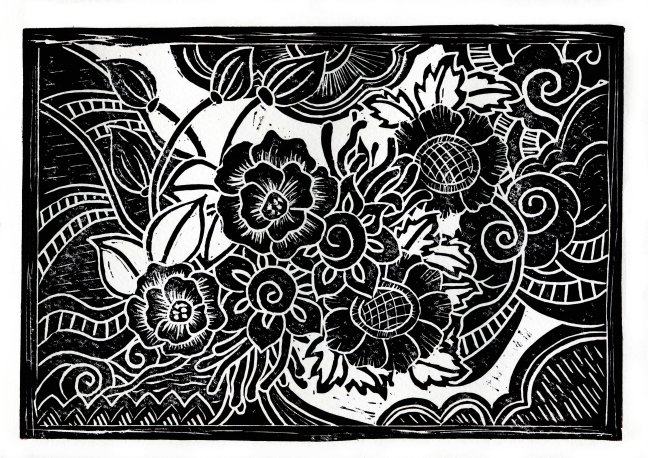 Zentangle lino cut.  Flowers and Clouds